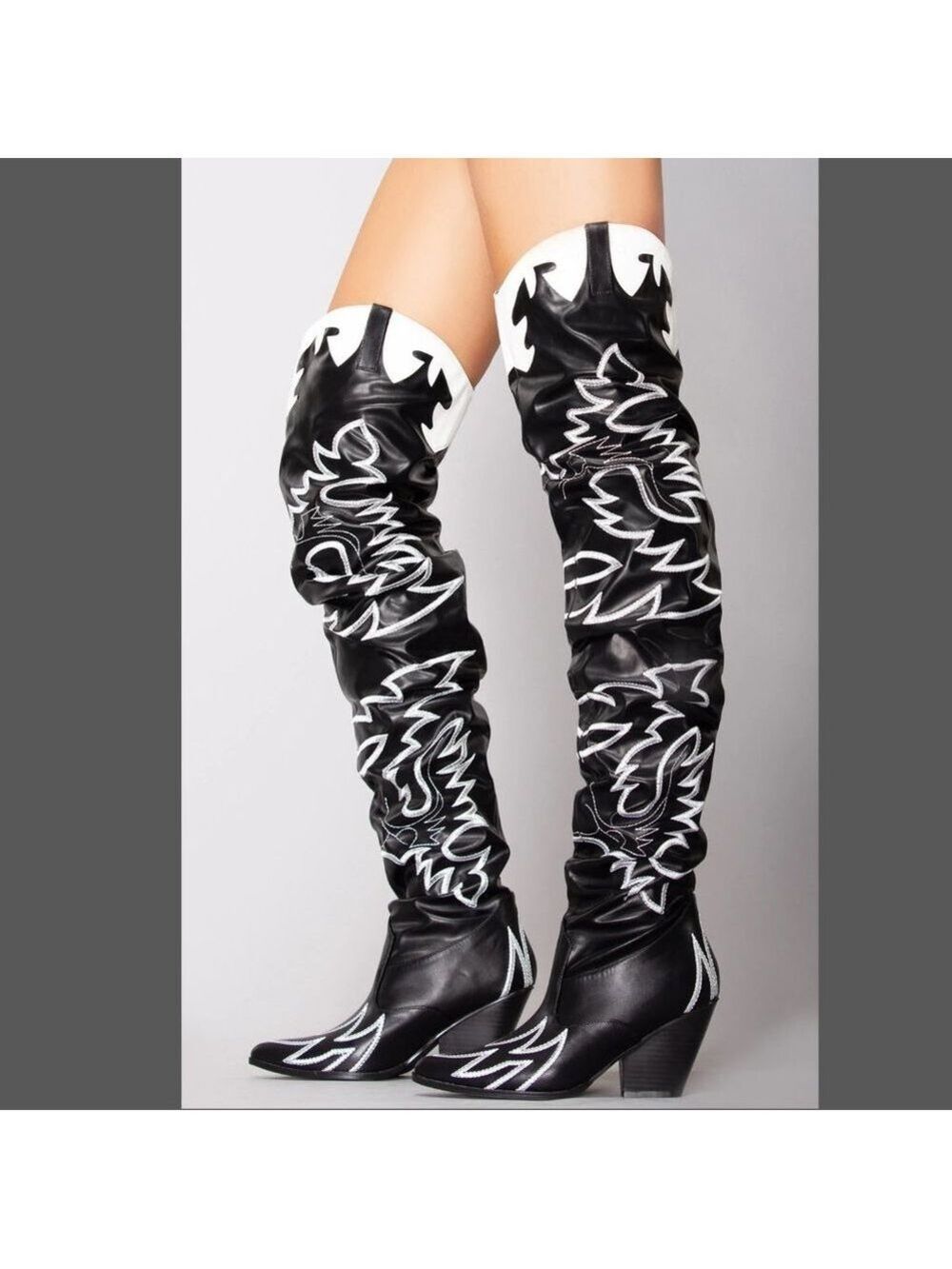 Kelsey Black Embroidered White Thigh High Western Cowboy Slouch Boots - Picture 2 of 8